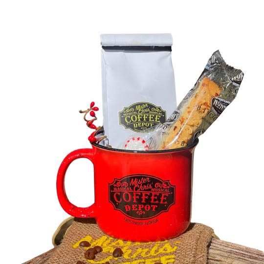 Mister Chris' Collector Coffee Mug Gift Set. This special gift set comes with Mister Chris’ Collector Mug (color may vary), a single pot bag of Mister Chris’ World Blend and a Biscotti. Our World Blend contains no additives or chemicals. It is the perfect combination of an African origin coffee and a South American, North American or Central American coffee bean. It’s Mister Chris’ secret blend that’ll have your gift recipient coming back for more.