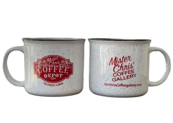Collectible Mister Chris’ Coffee Mug. This collectible Mister Chris Coffee mug is made from sturdy ceramics and is designed in a tin cup style. The design is slightly flared at the top for easier drinking and fewer spills. It has a C-shaped handle for easy grip with a lovely speckled finish. Color may vary.